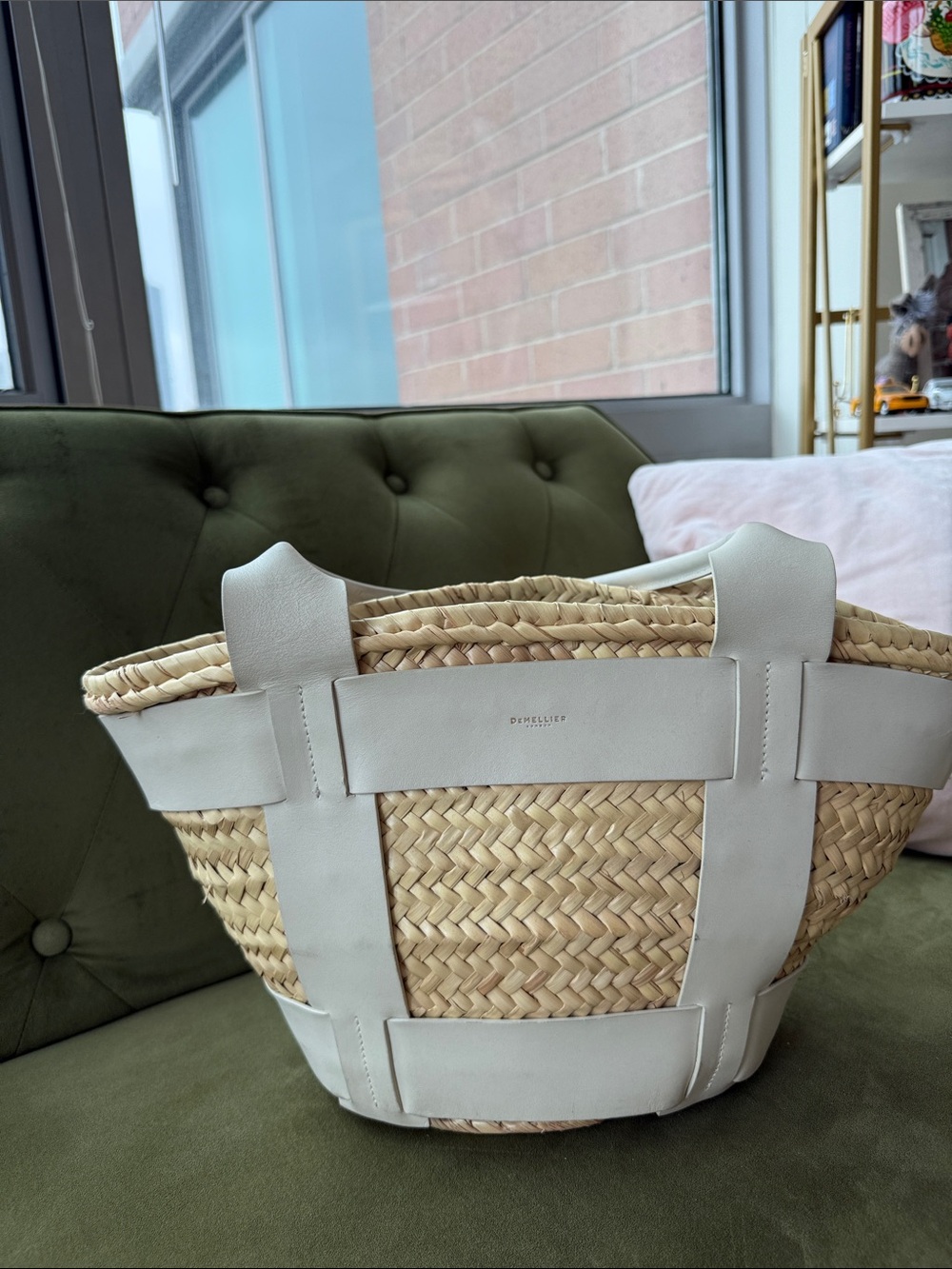 DeMellier Santorini Natural Straw Tote with White Leather Trim